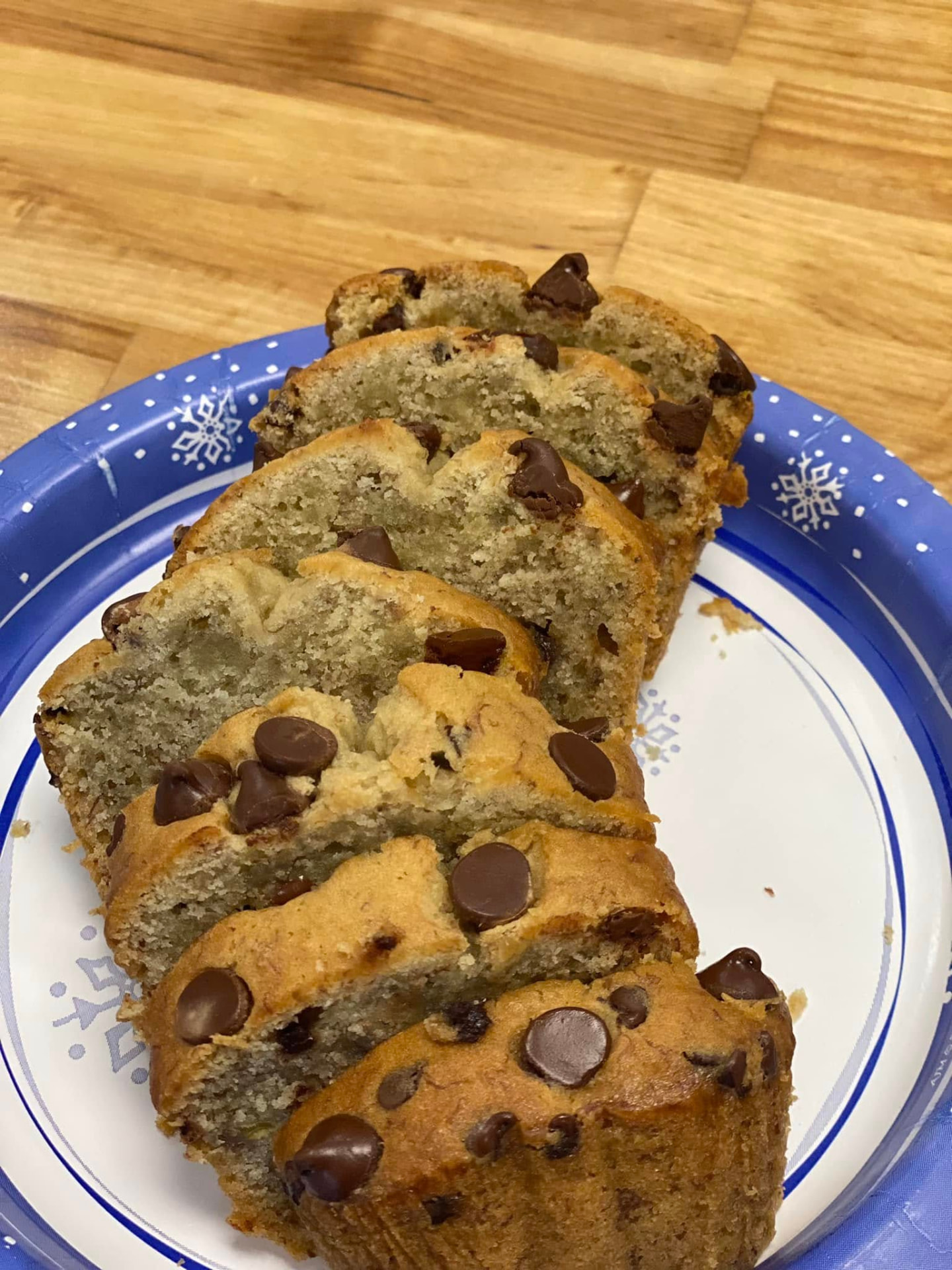 Sliced chocolate chip banana bread on a plate